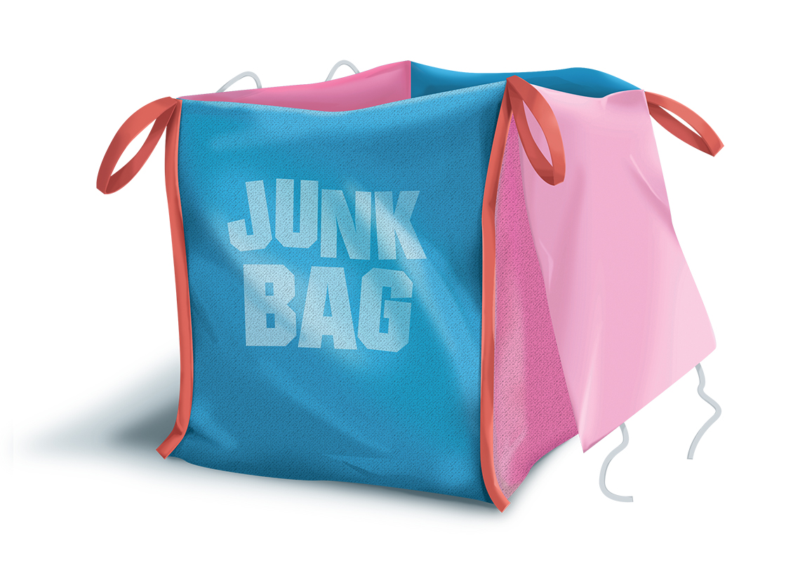 Foto von mehreren pinken Junkbags – produziert für die Junkbusters Brustkrebs-Kampagne